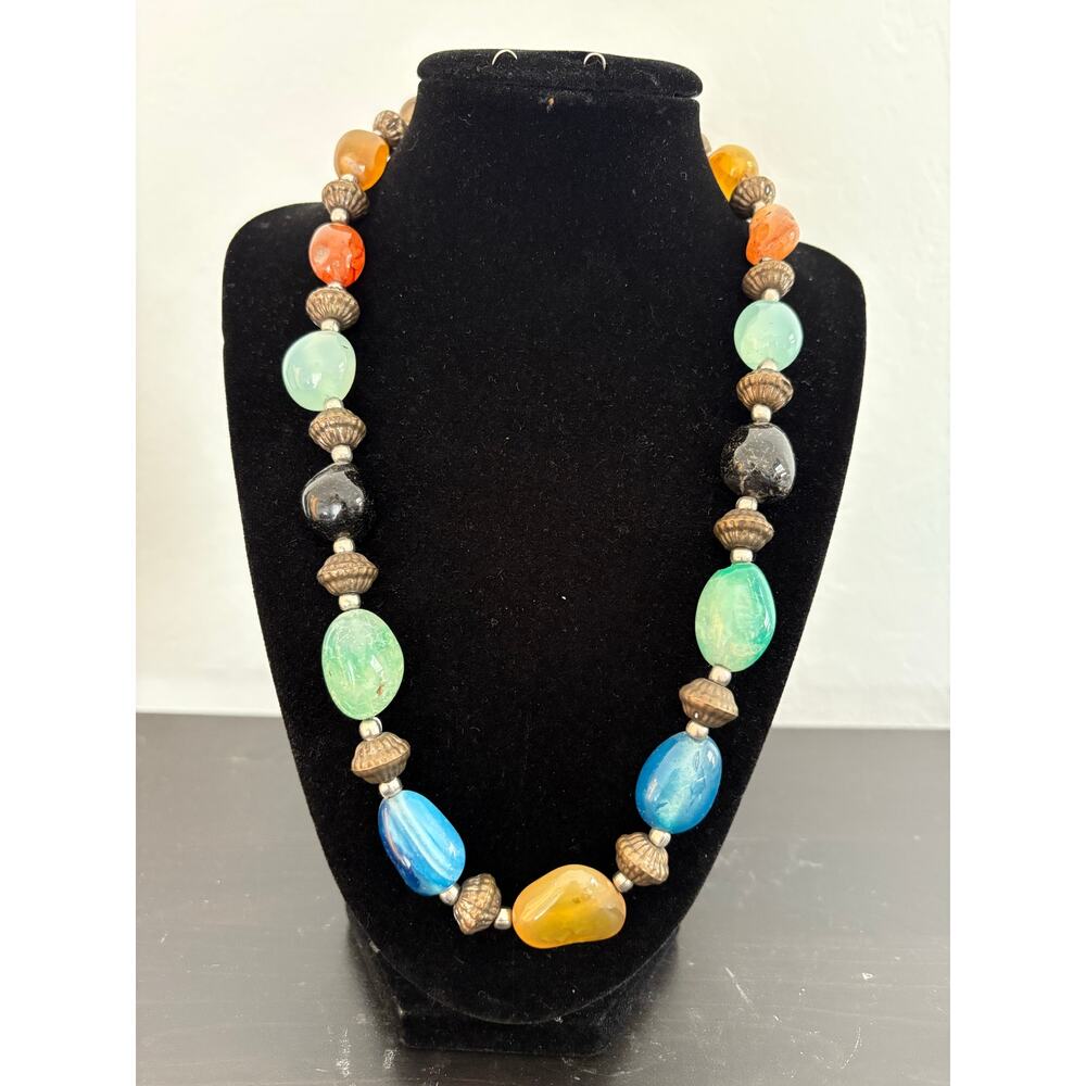 Gemstone necklace mix of textures, metals and stones bronze silver beads agate